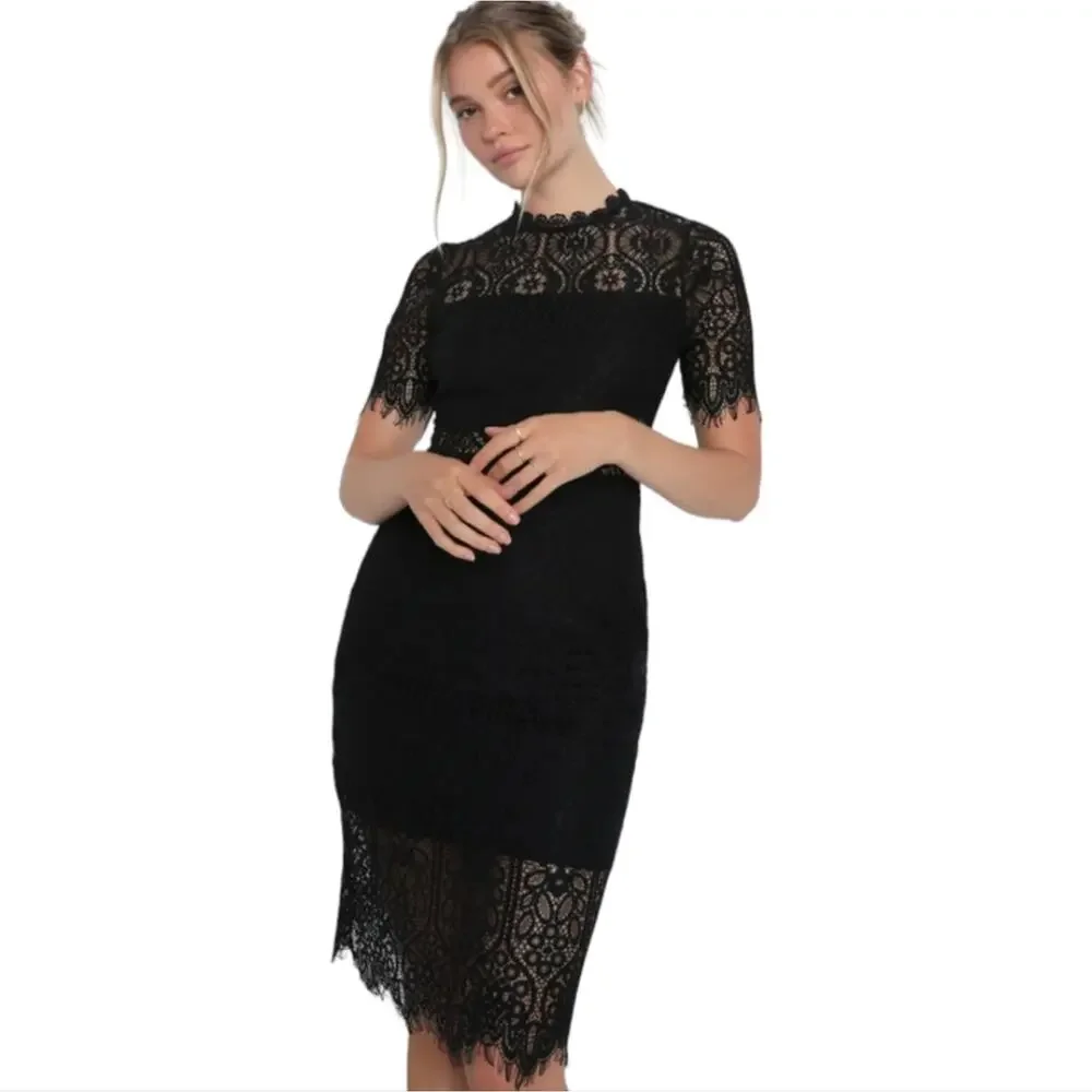 Lulus Remarkable Black Lace Peek A Boo Eyelash Fringe Trim Midi Dress Medium - Picture 2 of 10